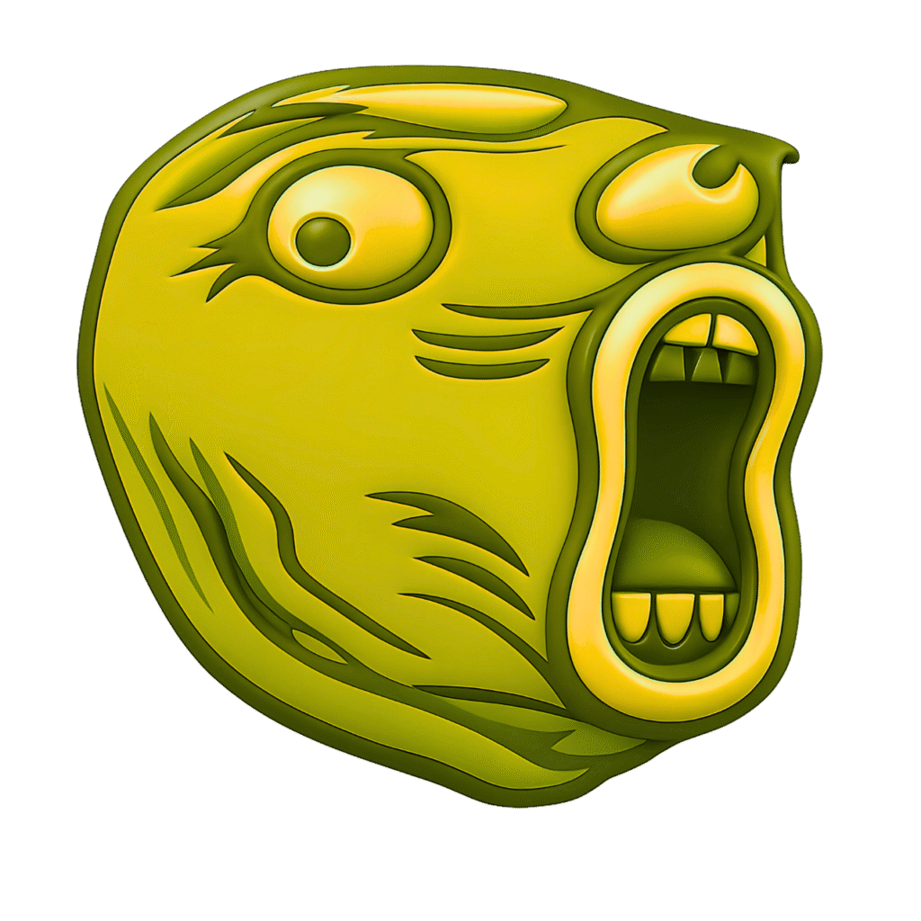 Yellow Troll Meme Face with Open Mouth &ndash; Funny Reaction Emoji PNG Clipart
