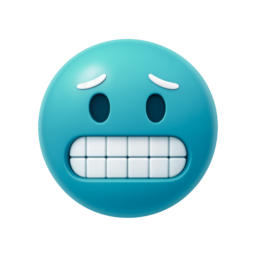 Turquoise 3D emoji face with raised eyebrows and clenched white teeth showing a cringe or nervous reaction.