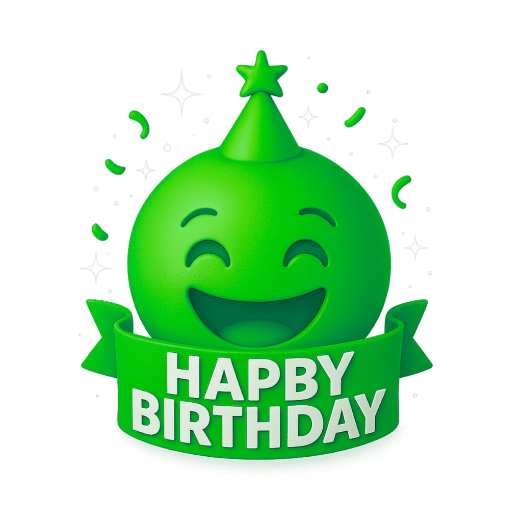 Green 3D happy birthday emoji with party hat, white glowing stars, and festive confetti
