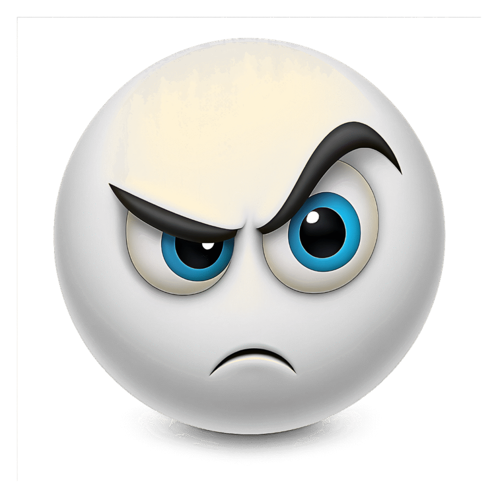 3D white angry emoji face with black eyebrows and blue eyes on a transparent background