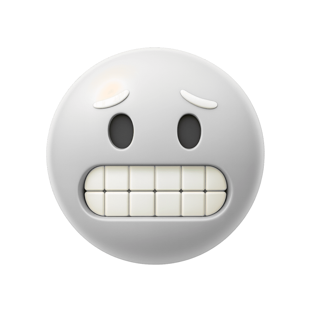 Minimal 3D white cringe emoji with raised eyebrows and gritted teeth, showing nervous or awkward emotion.