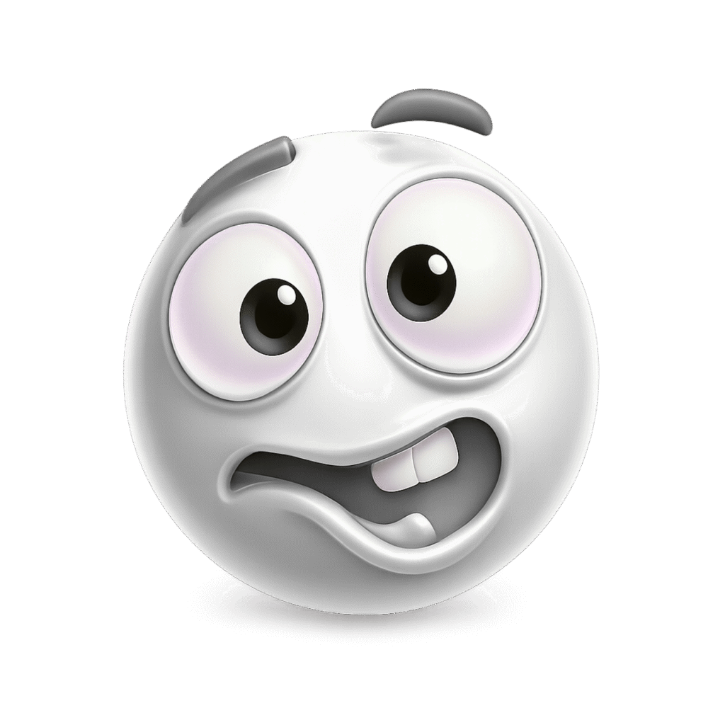 3D white goofy ahh emoji with bulging eyes, tilted eyebrows, and crooked mouth &ndash; transparent PNG for funny memes and chaotic reactions.
