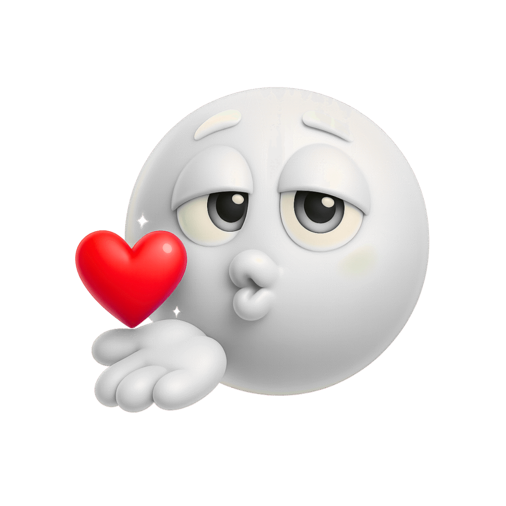 3D white kiss emoji with dreamy eyes blowing red heart on transparent background