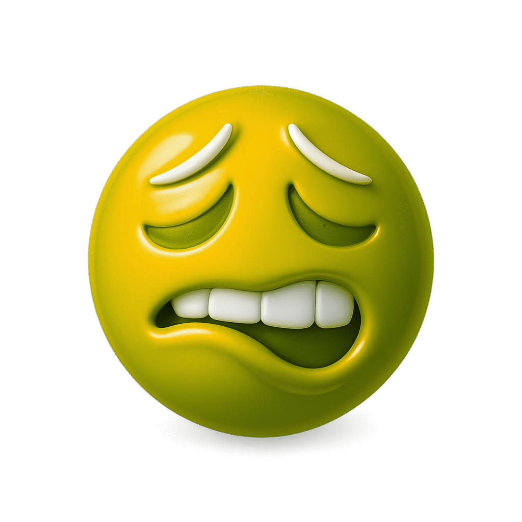 3D yellow bite lip emoji with anxious expression, glossy surface, raised eyebrows, and clenched teeth on transparent background.