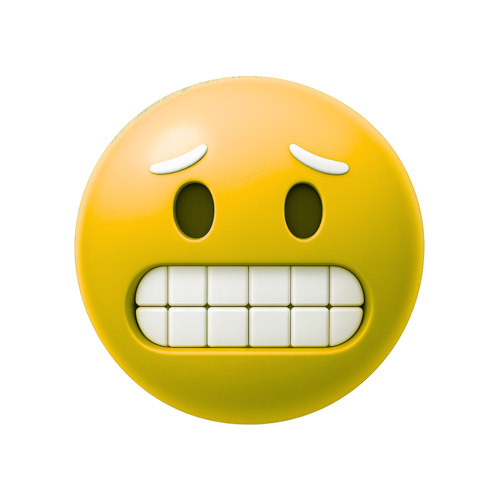 3D yellow cringe emoji with clenched teeth and arched eyebrows, showing an awkward and nervous facial expression.