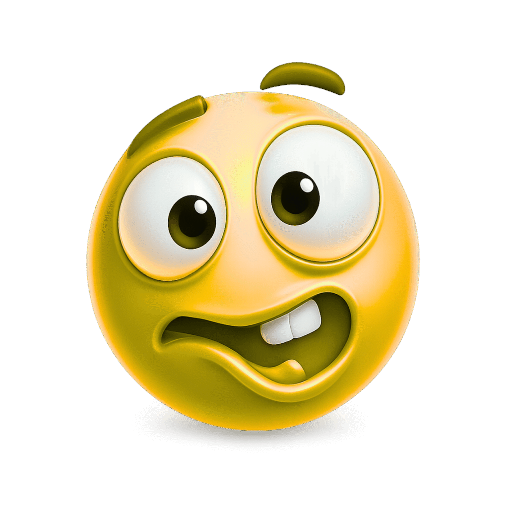 Yellow goofy ahh 3D emoji with big eyes and awkward smile &ndash; transparent PNG perfect for memes, fun designs, and reactions.