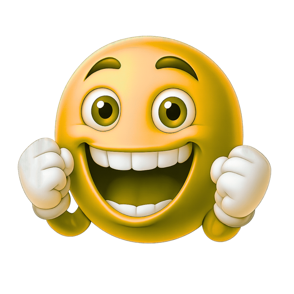 3D Yellow Happy Emoji with Raised Fists and Big Smile &ndash; Transparent Background PNG