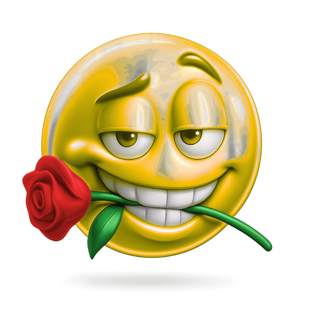 Flirty yellow emoji with romantic eyes holding red rose in mouth &ndash; 3D rizz expression