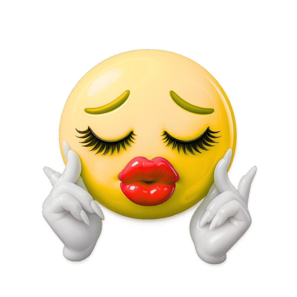 3D yellow sassy emoji with red kiss lips, closed eyes, bold lashes, and white acrylic-nailed hands on transparent background