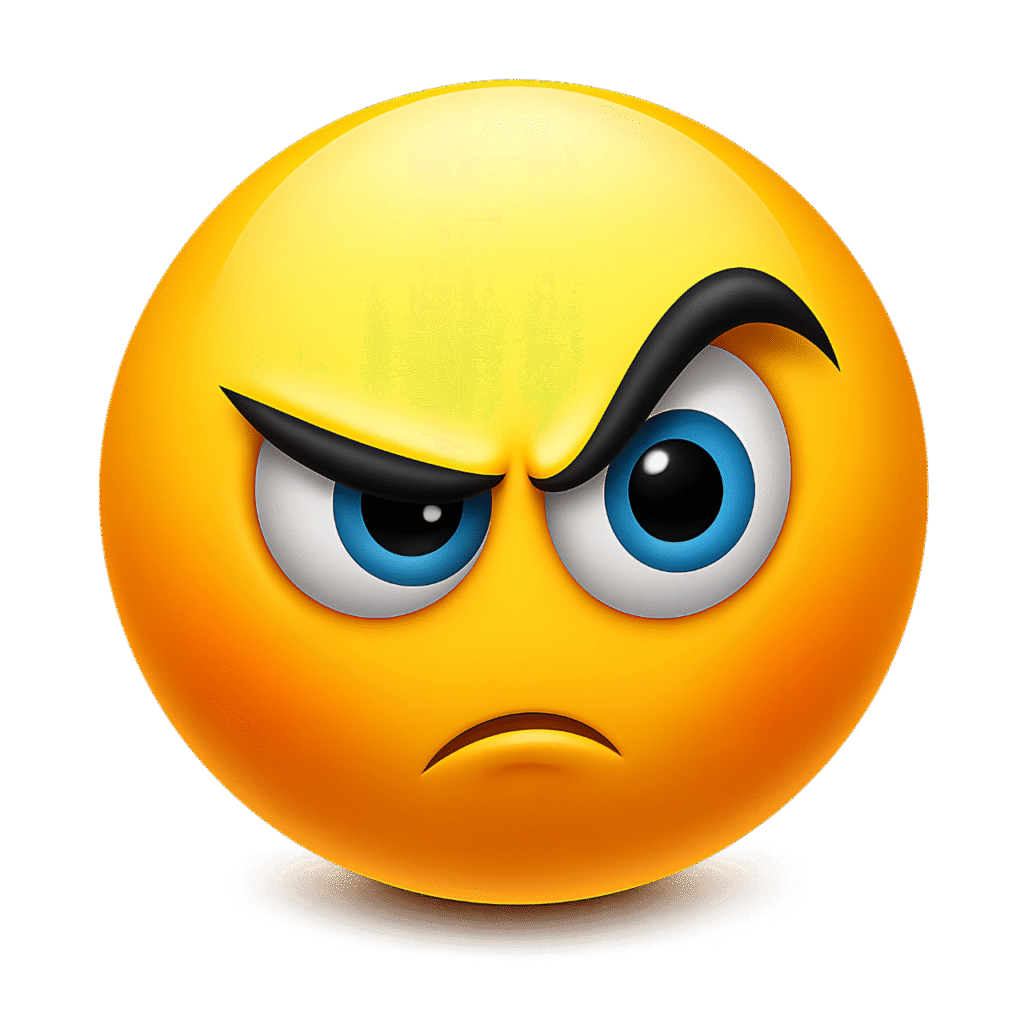 Yellow 3D angry suspicious emoji face with black arched eyebrows and blue eyes on a transparent background