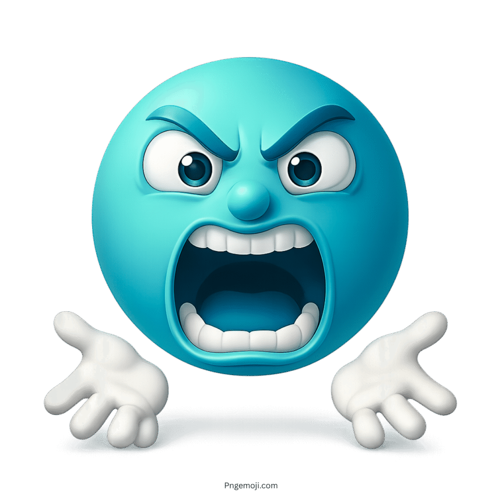 Blue angry emoji with wide open mouth and hands raised in argument gesture