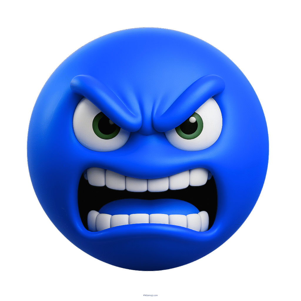 3D angry blue emoji face with green eyes and clenched teeth expression