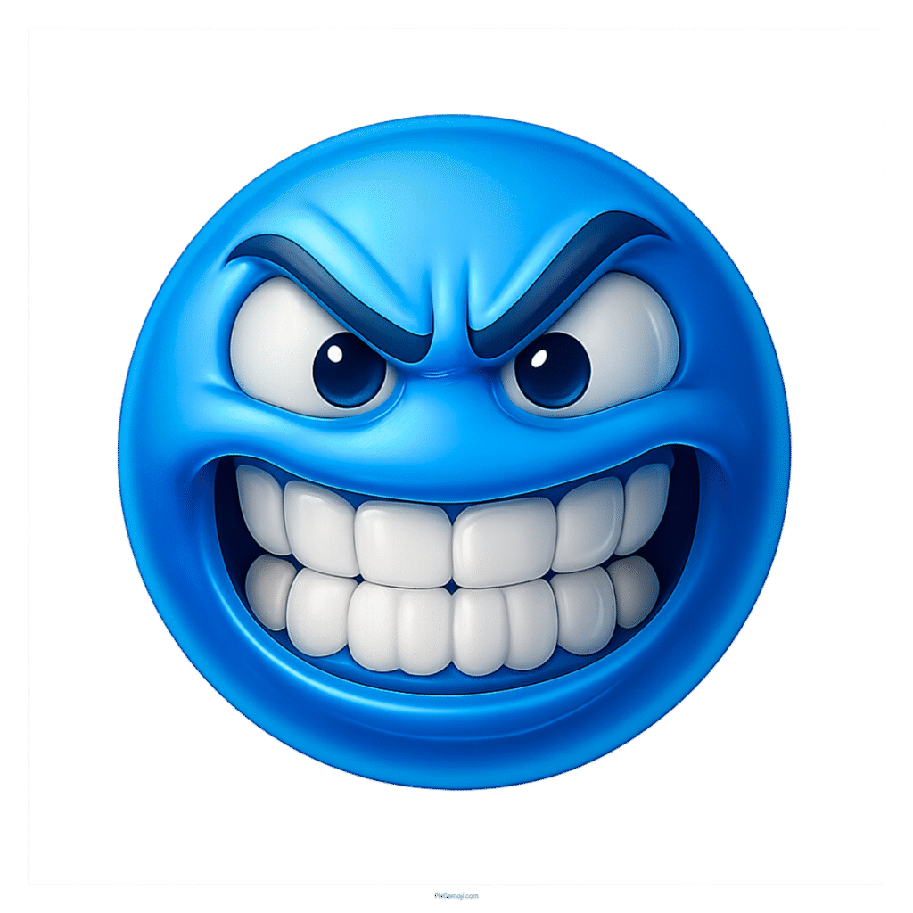 Angry blue emoji with gritted teeth and furrowed brows showing intense frustration.