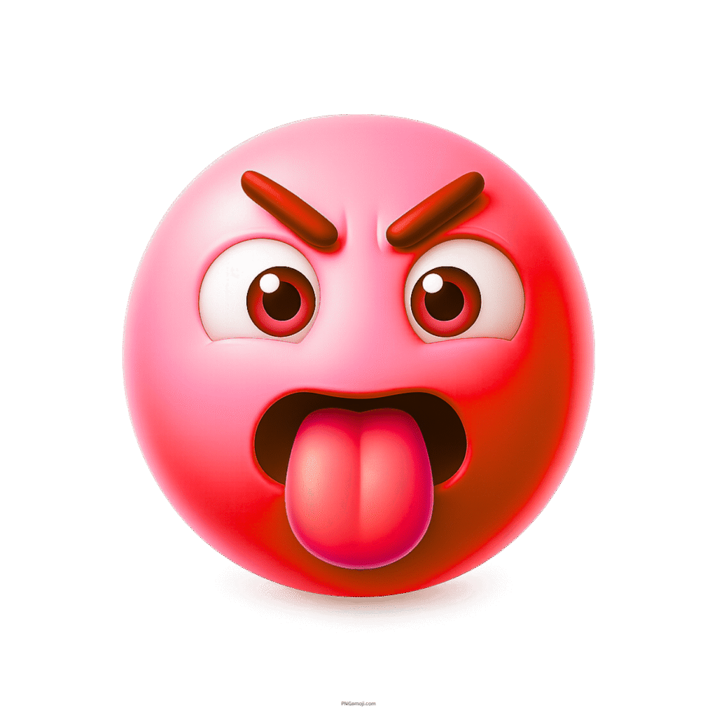 3D angry emoji face with tongue out and furrowed eyebrows showing frustration