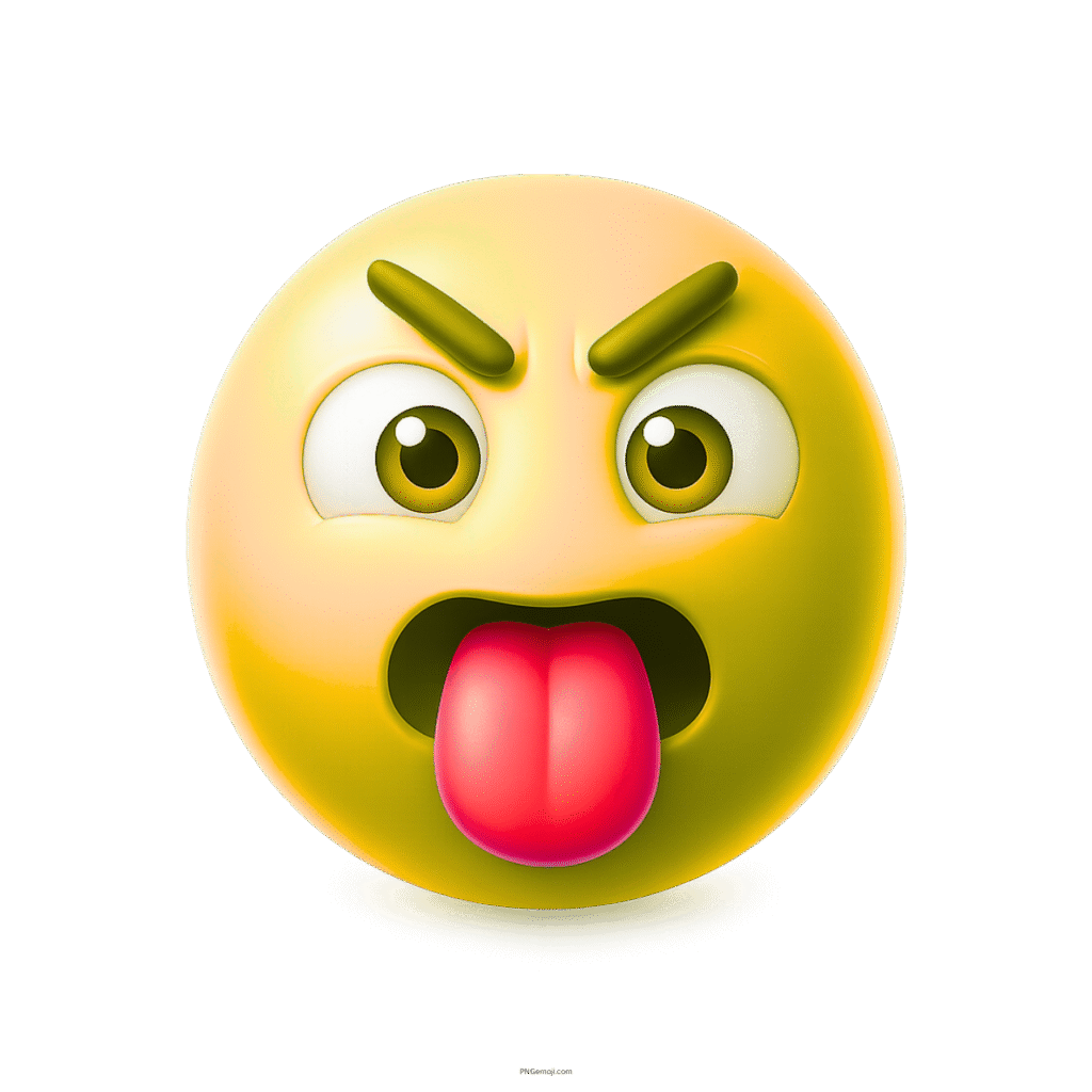 3D yellow emoji with tongue out and angry expressive eyes cartoon face