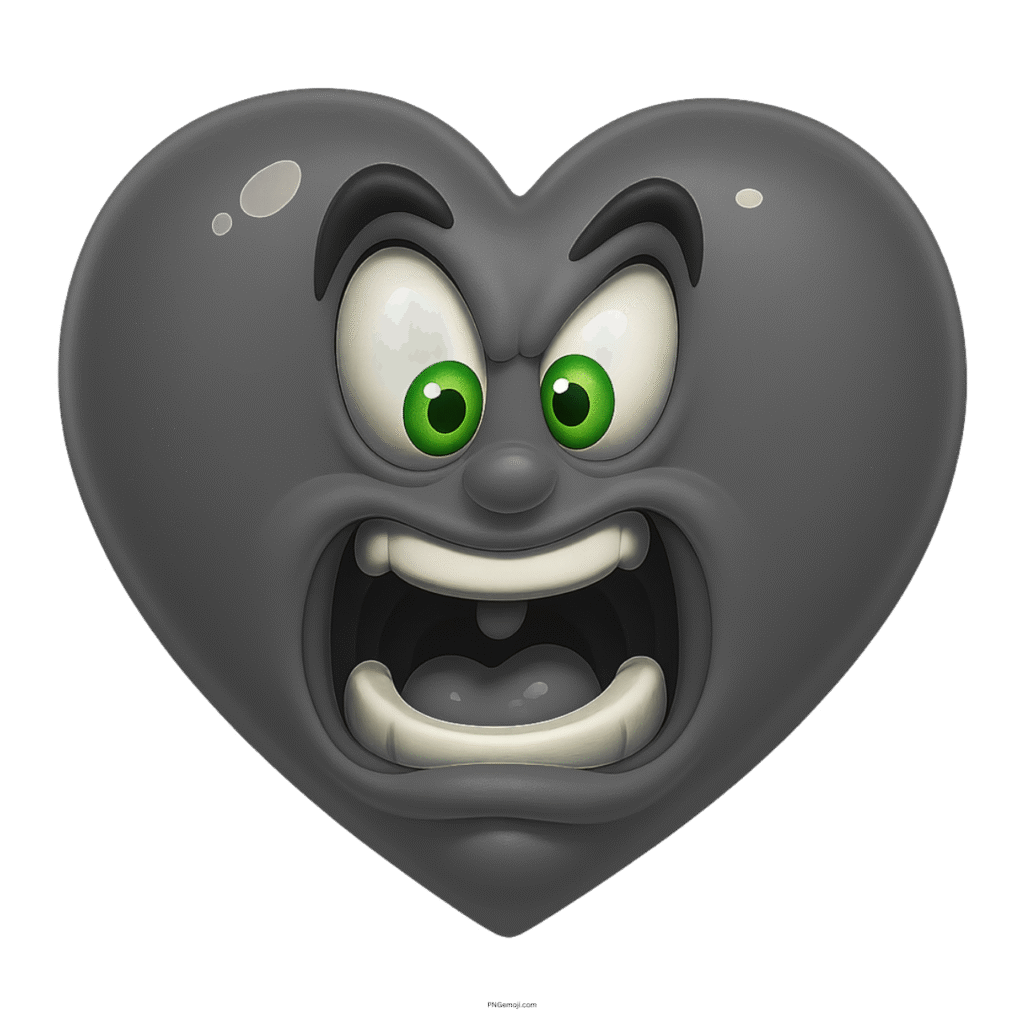 Angry gray heart cartoon emoji with green eyes and intense facial expression.