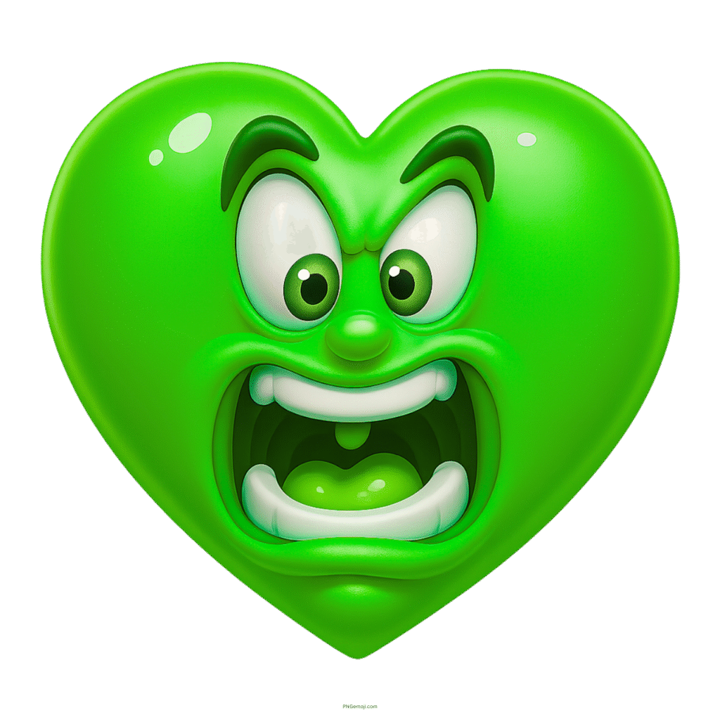 Angry green heart emoji with expressive cartoon face and shouting mouth.