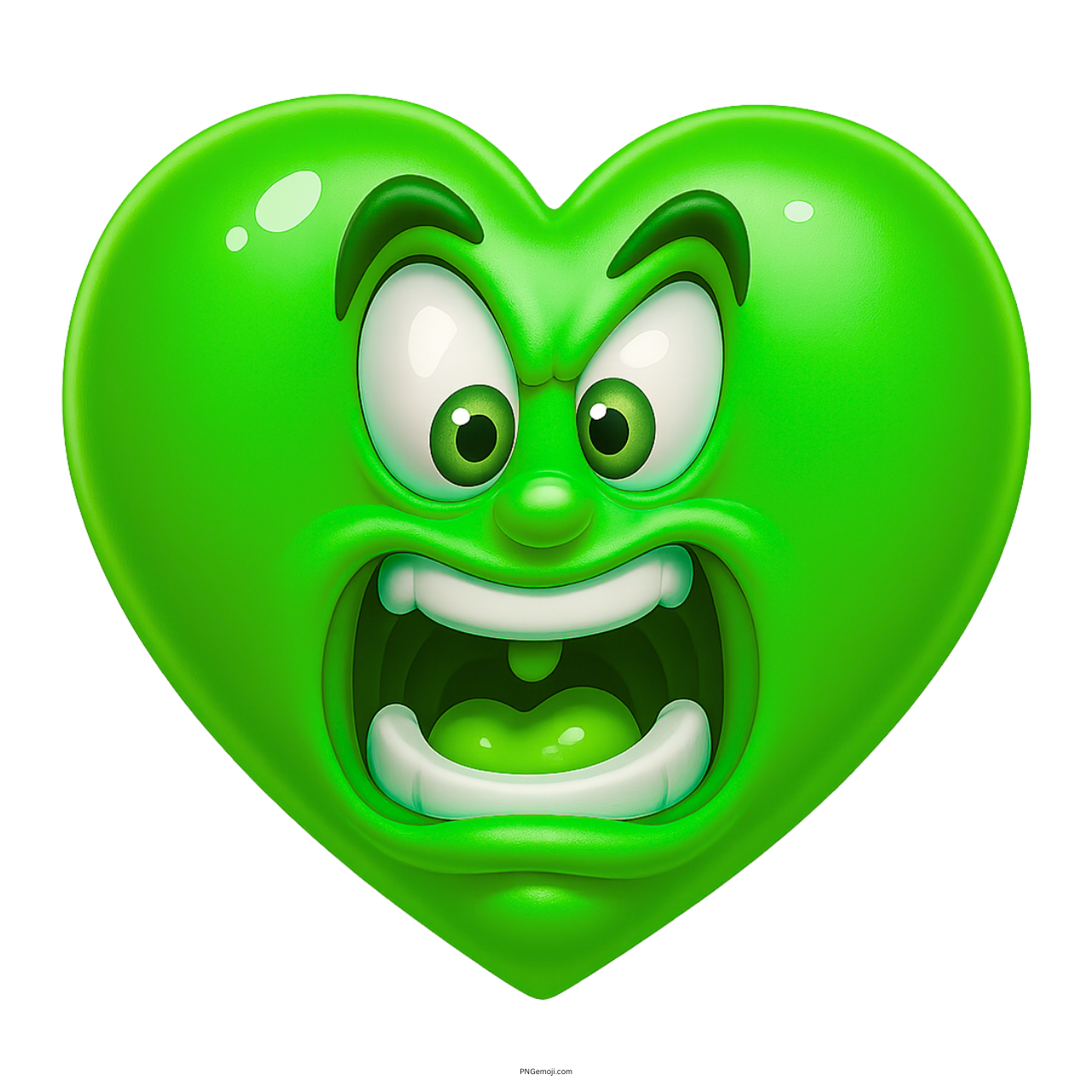 Angry green heart emoji with expressive cartoon face and shouting mouth.
