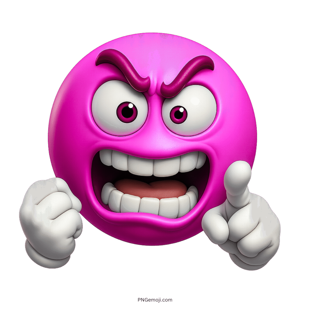 Angry pink emoji with clenched fists and intense cartoon expression pointing forward
