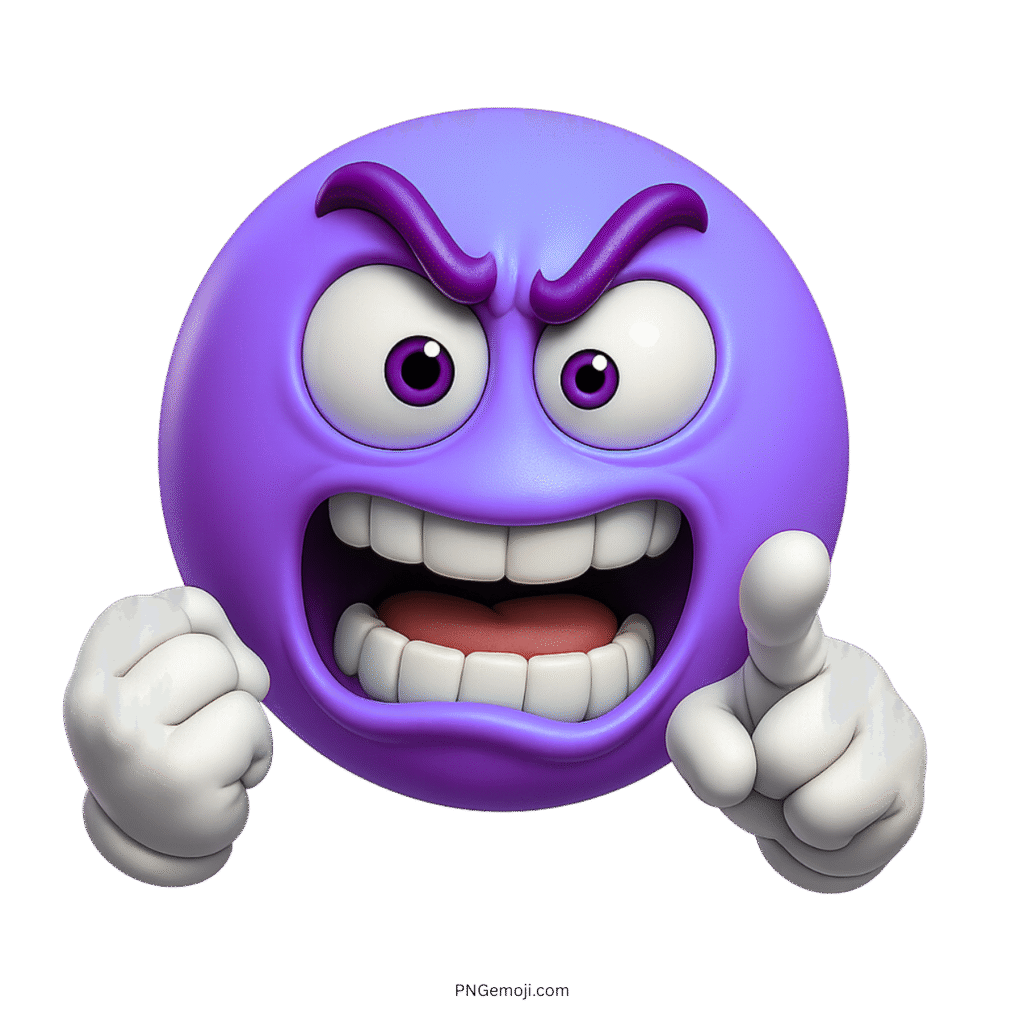 Angry purple emoji cartoon with clenched fists, yelling mouth, and pointing gesture