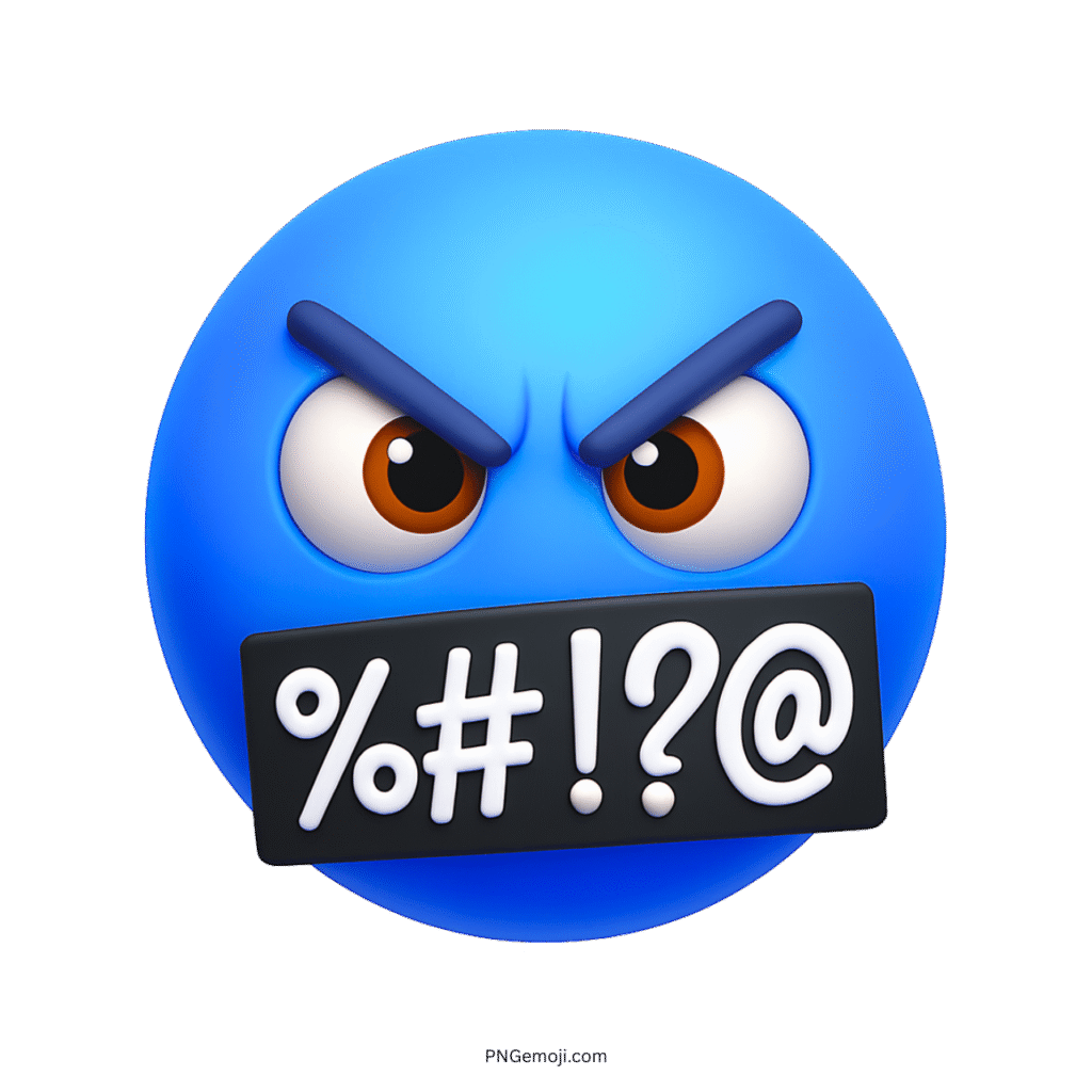 Angry swearing emoji with blue 3D face and censor bar over mouth