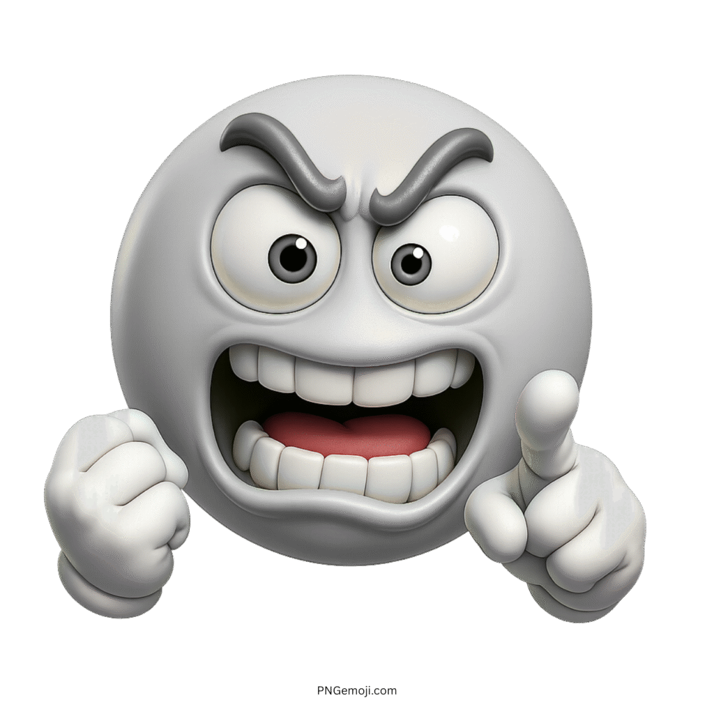 Angry white emoji 3D face shouting with clenched fist and pointing hand expression