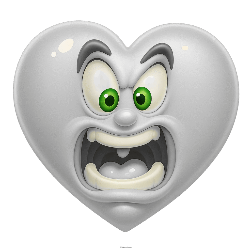 Angry white heart emoji cartoon with wide green eyes and shouting facial expression.