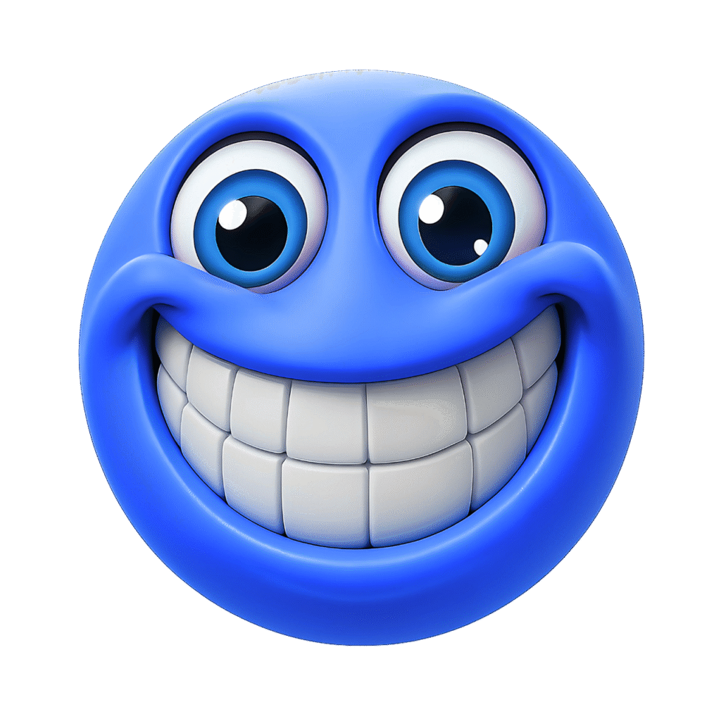 Blue happy face emoji with big smile and wide cartoon eyes, joyful expression