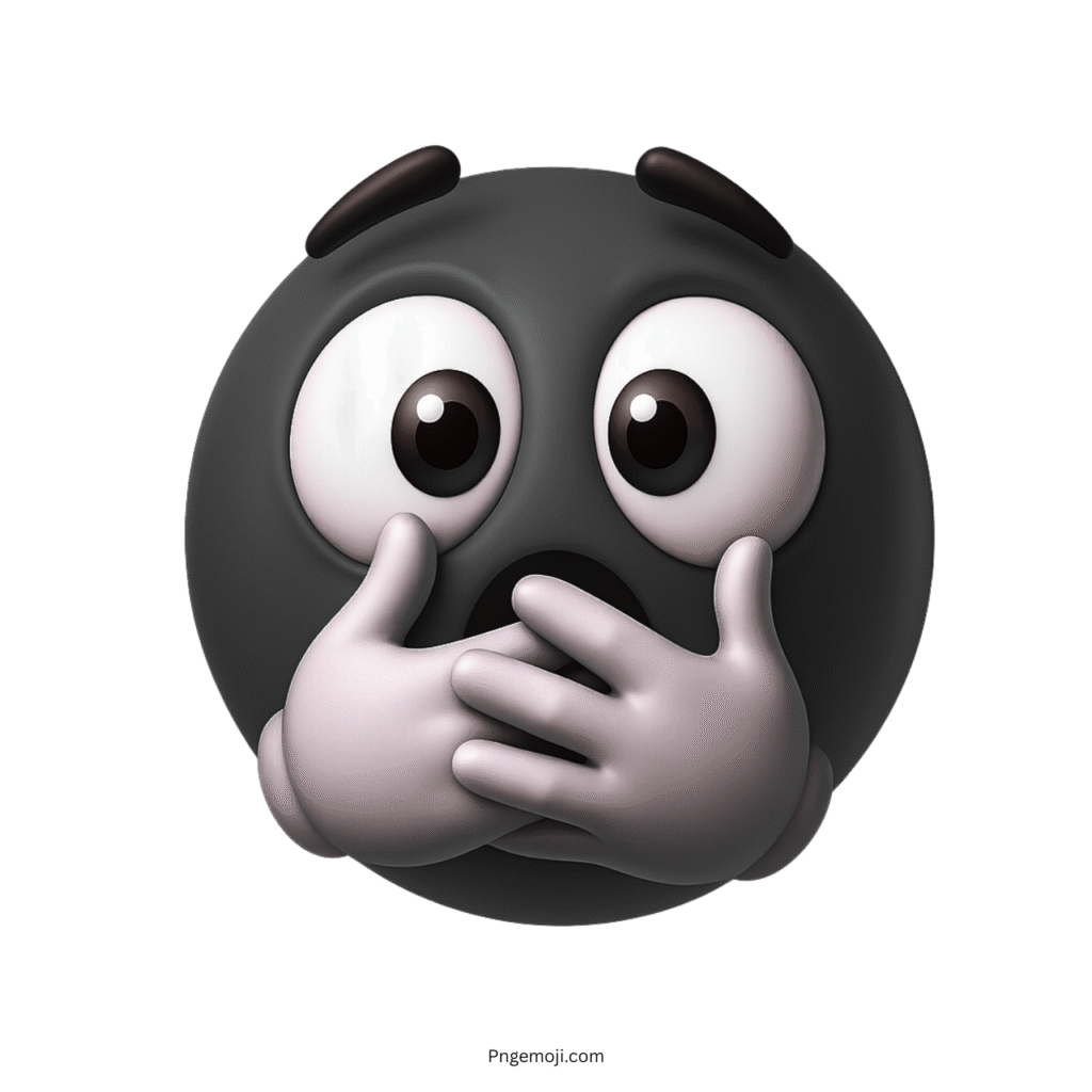 Black shocked emoji with wide eyes and white hands covering mouth in fear