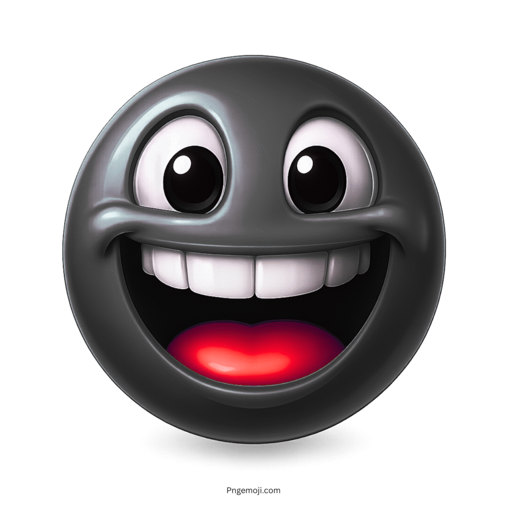 3D black emoji with glossy face, wide open grin, bright eyes, and red tongue