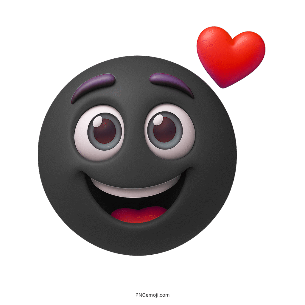 Black smiling emoji with heart, joyful 3D cartoon face expressing happiness and love