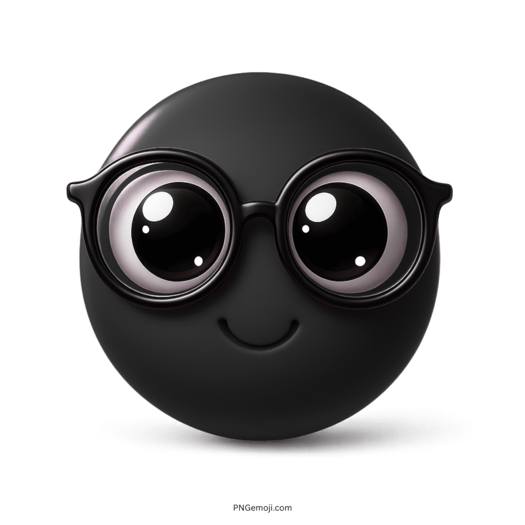 Black emoji face with nerd glasses and big expressive cartoon eyes