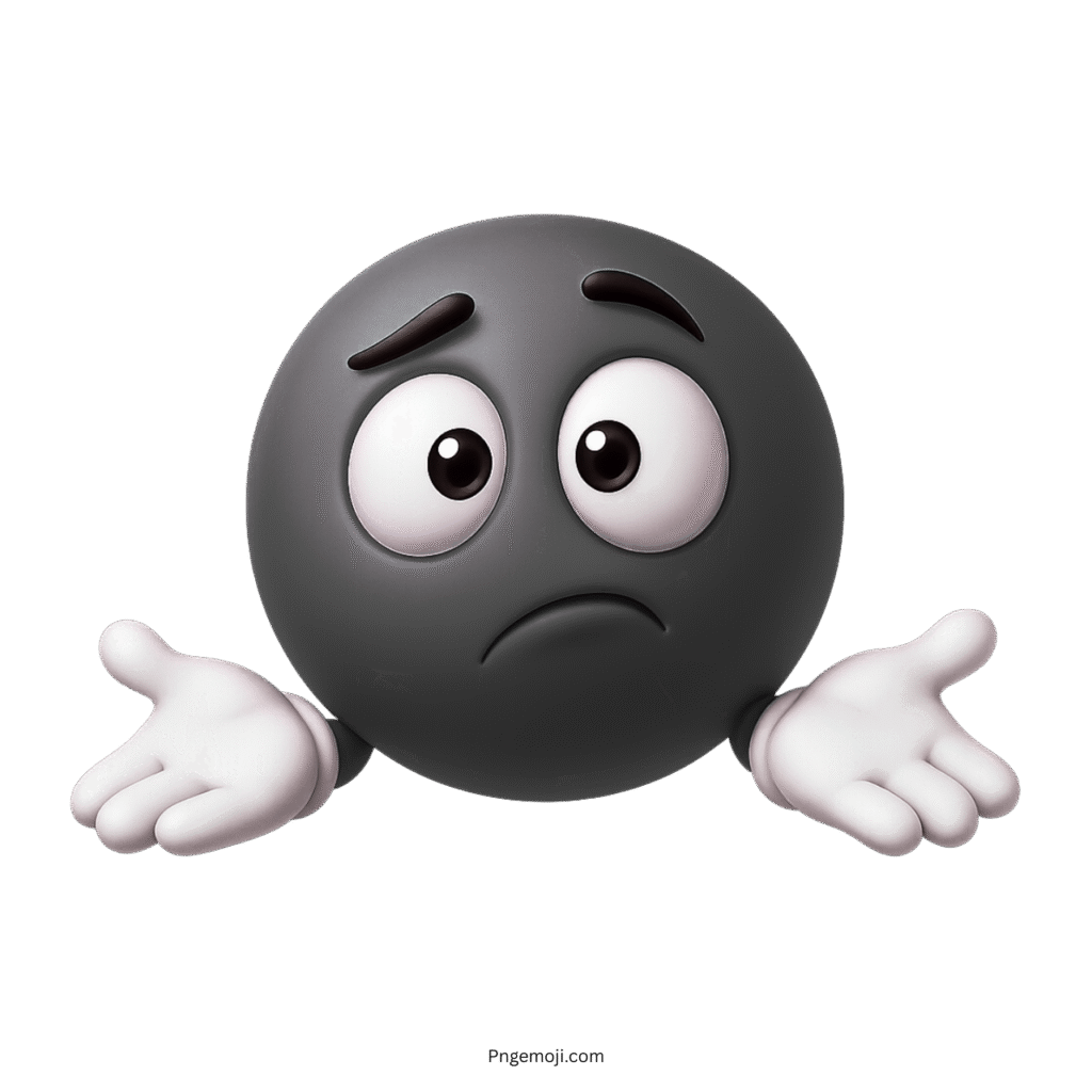 3D black shrug emoji with sad confused expression and raised hands gesture