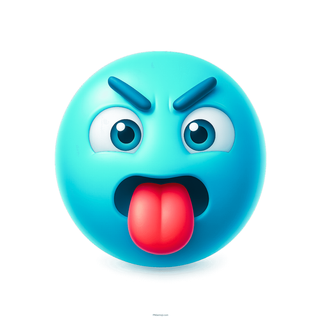 3D blue angry emoji with tongue out and furrowed eyebrows expressing frustration