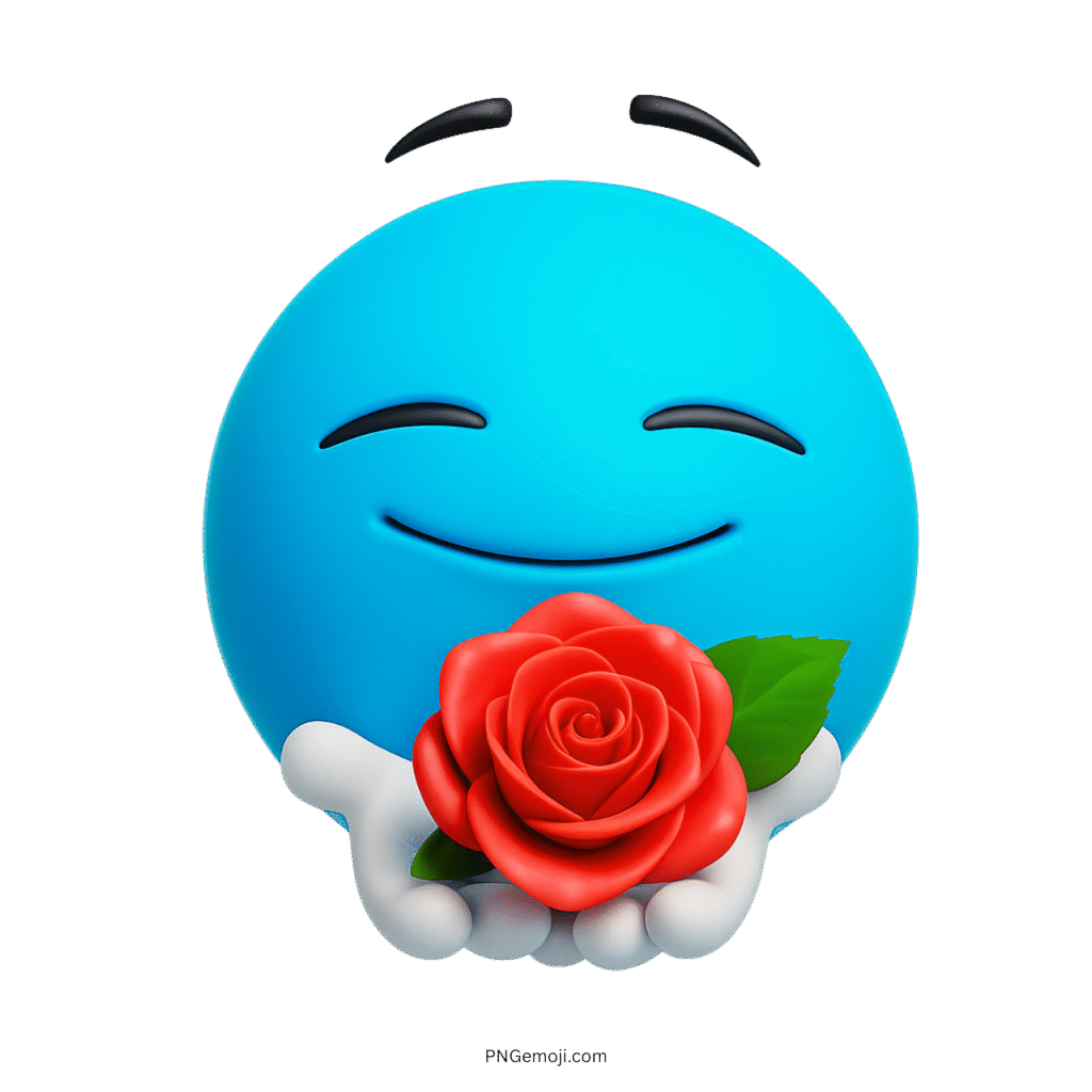 3D blue emoji offering red rose with calm and happy expression