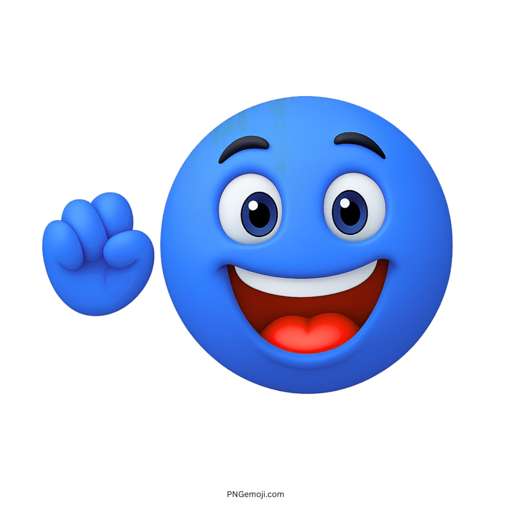Excited blue emoji face waving hand with happy oh yeah expression