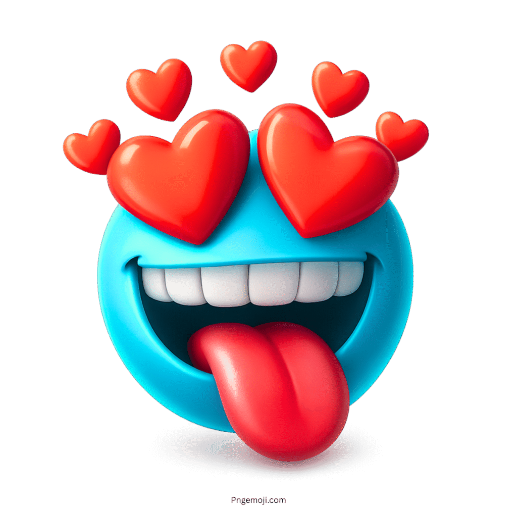 Blue emoji with red heart eyes and tongue out expressing wild, flirty, and playful love emotion