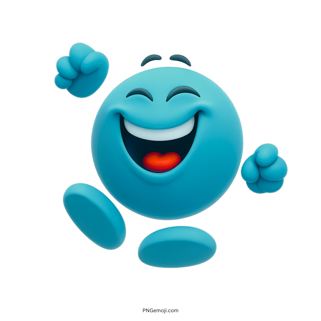 3D blue happy emoji jumping with joy and smiling wide on transparent background