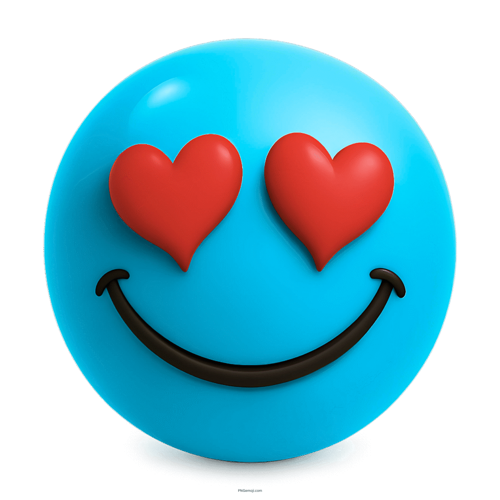 Bright blue 3D emoji with red heart eyes and a smiling expression