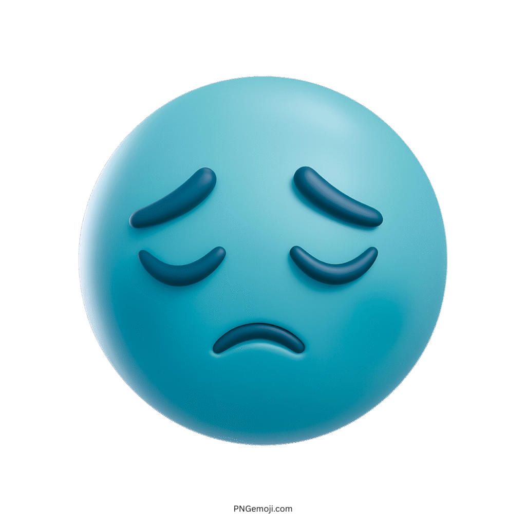 Blue 3D sad face emoji with drooping eyebrows and frown showing emotional sorrow