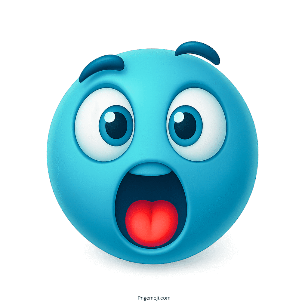 Shocked blue emoji face with wide eyes and open red mouth expression