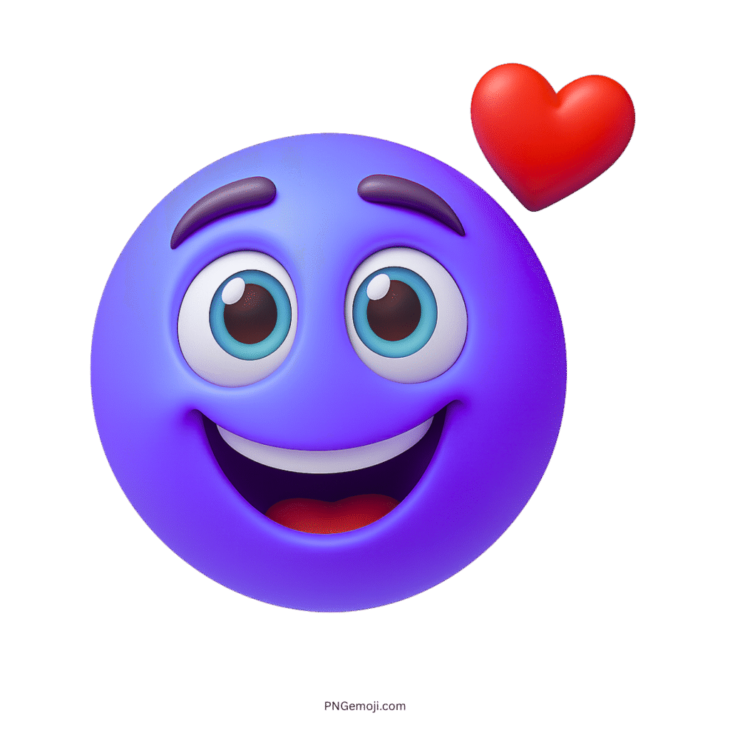 Blue smiley emoji with heart and big eyes in 3D cartoon design