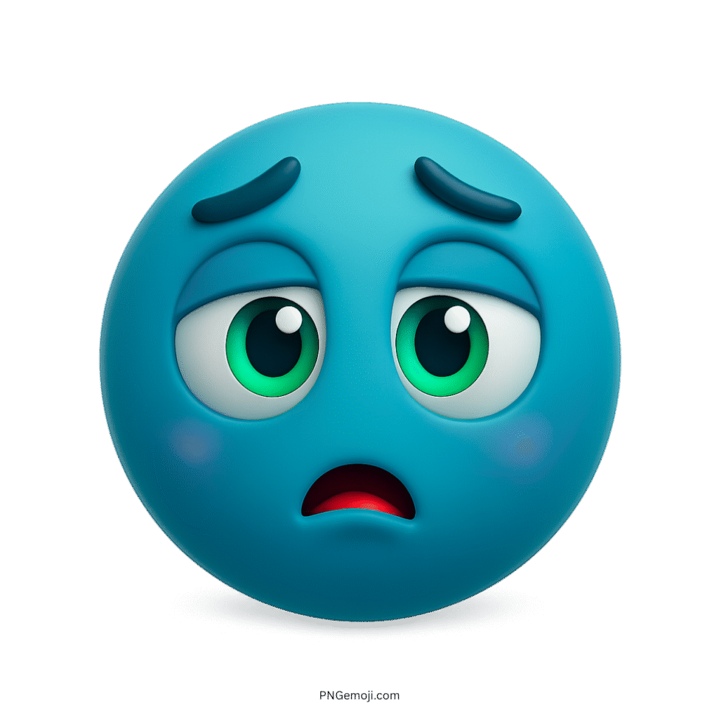 Blue emoji face with tired sad eyes expressing emotional exhaustion or low mood
