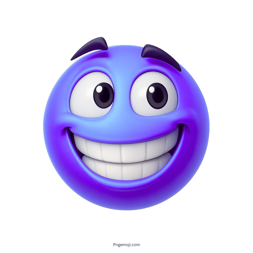 Playful blue-violet 3D emoji with a wide smile and cartoon-style eyebrows