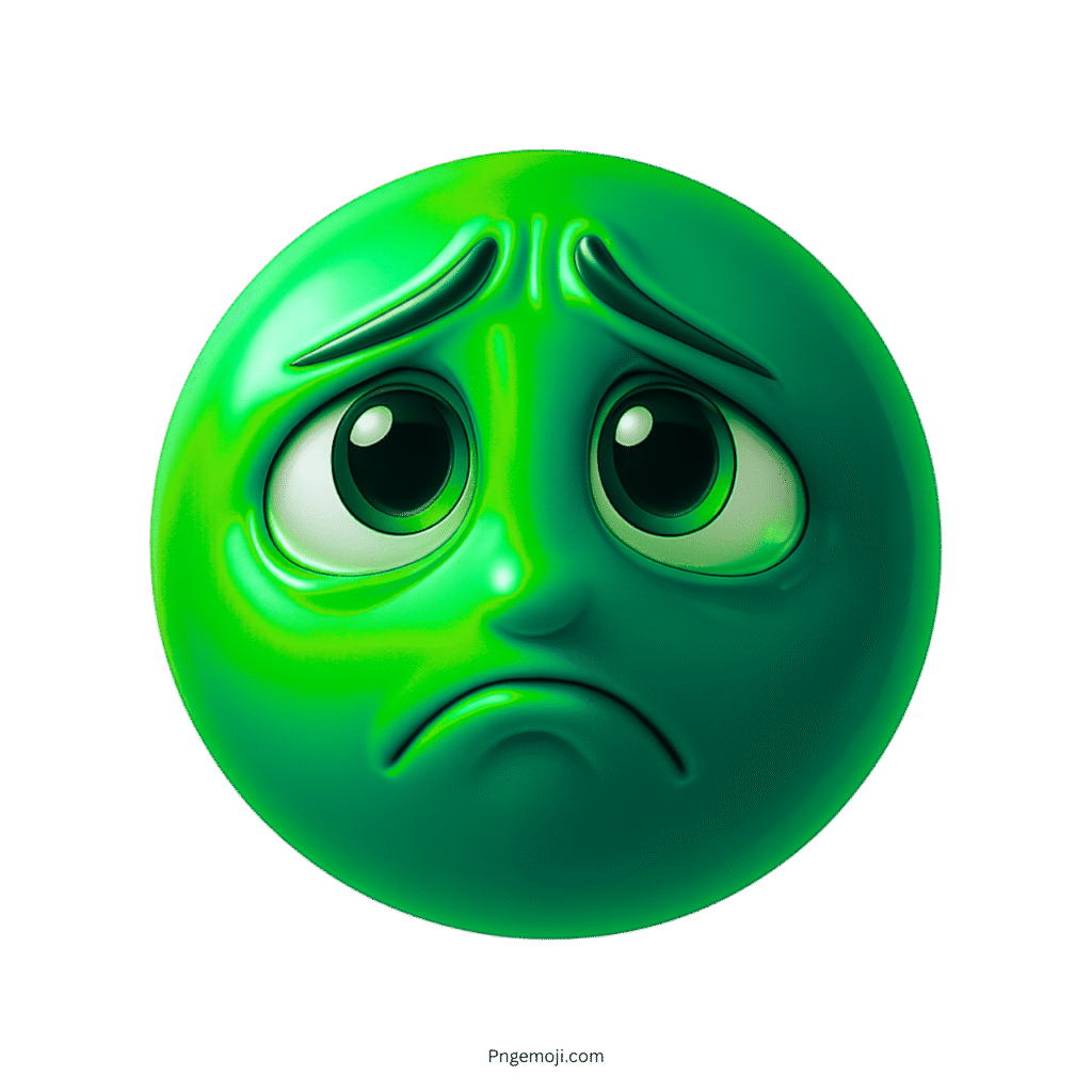 Bright green sad emoji with glossy face, droopy eyes, and downturned frowning mouth