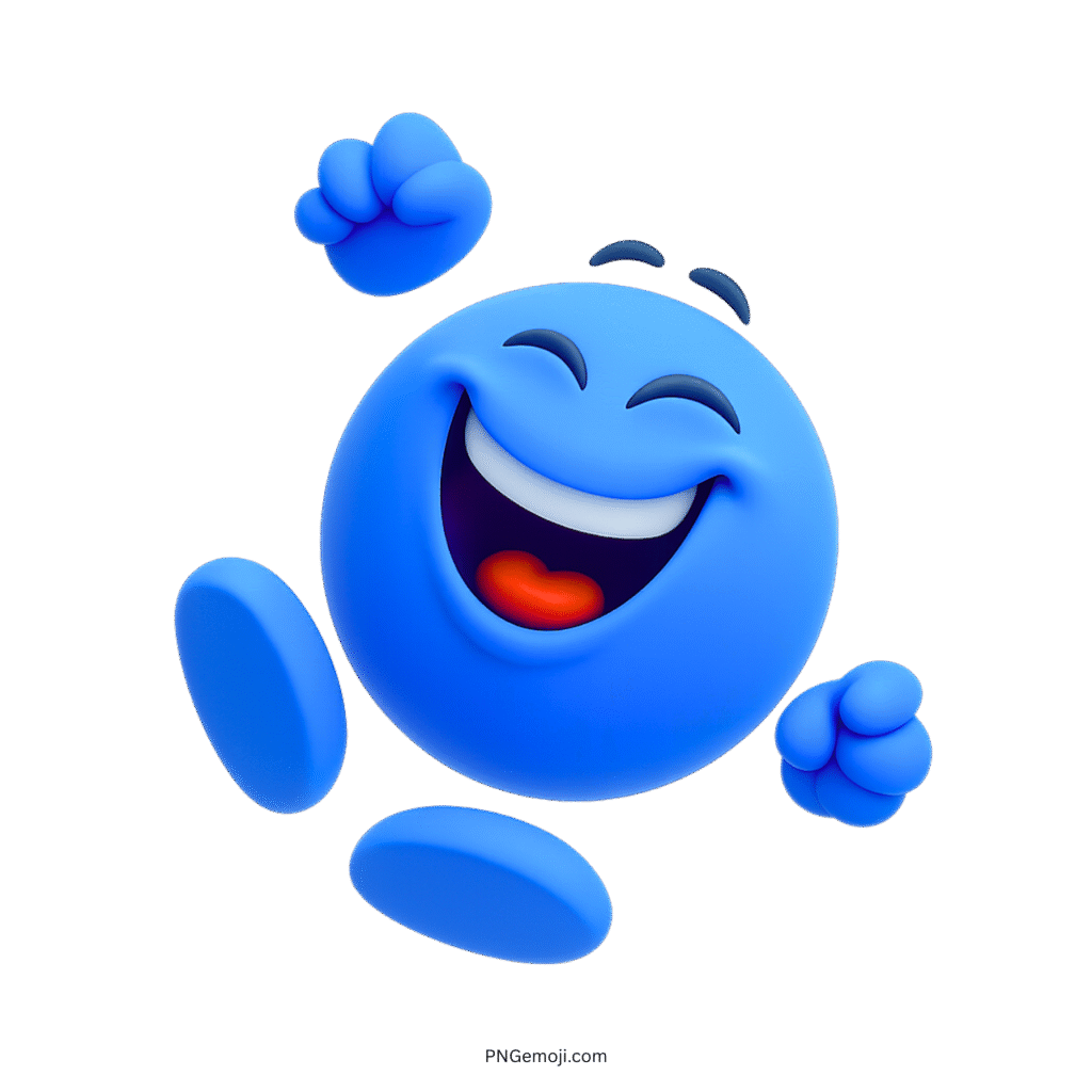 Cheerful blue 3D emoji jumping for joy with big smile and raised fists