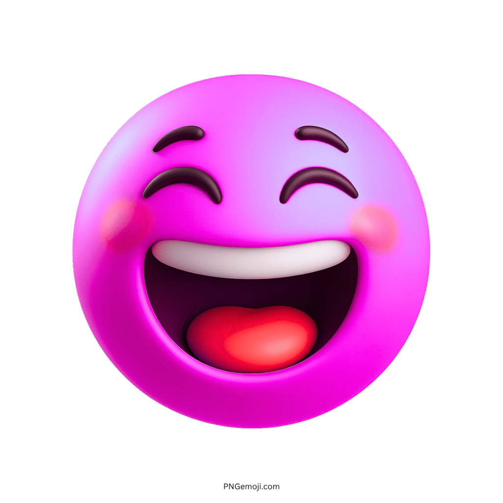 3D pink emoji with smiling eyes, glowing cheeks, and open laughing mouth