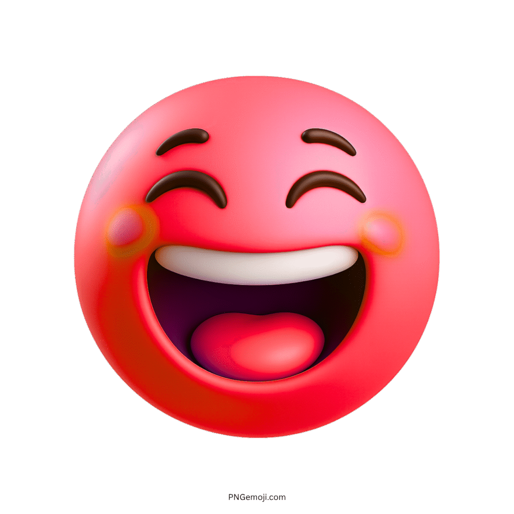 3D red happy emoji with wide smile, blushing cheeks and joyful expression