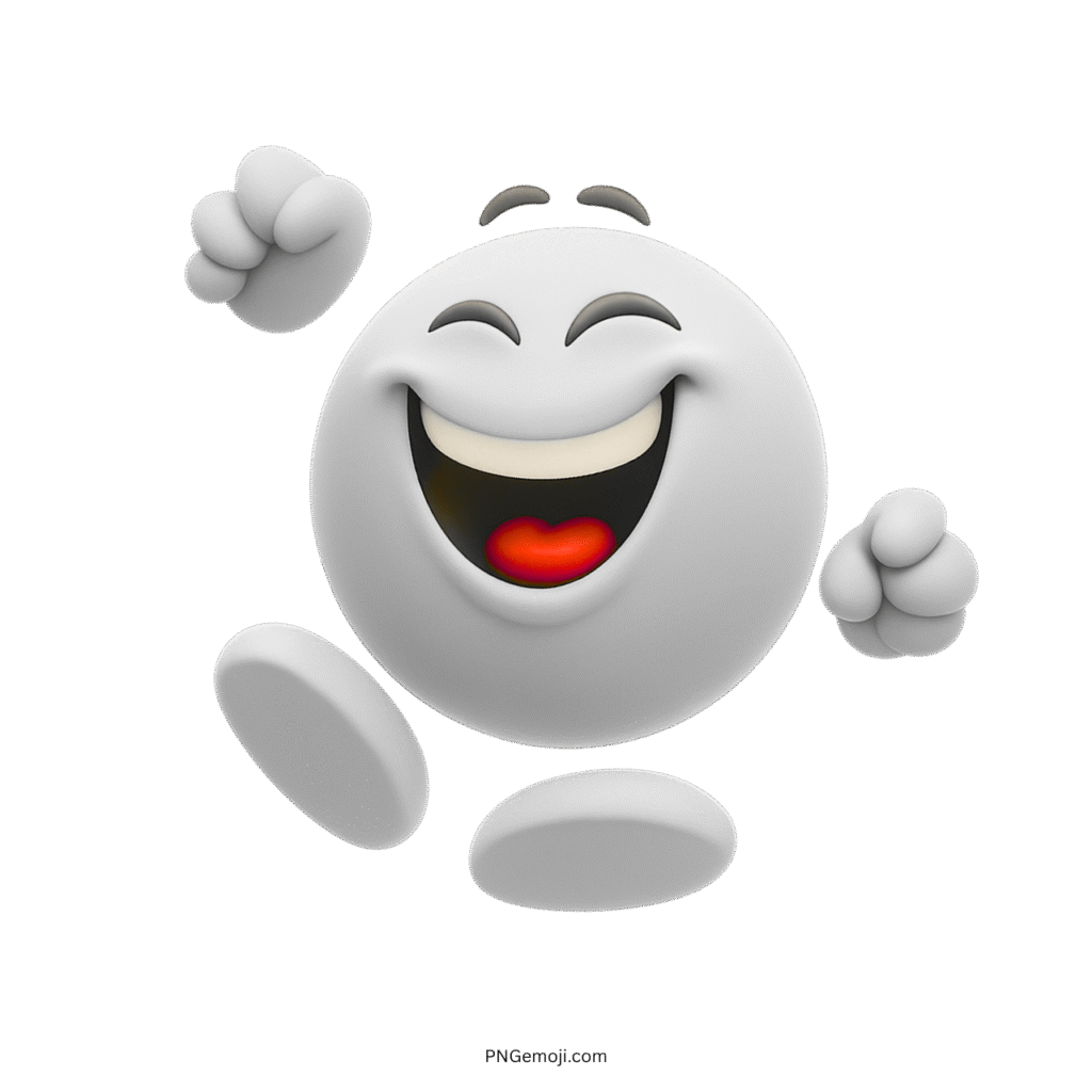 Cheerful jumping emoji with big smile and raised hands on transparent background