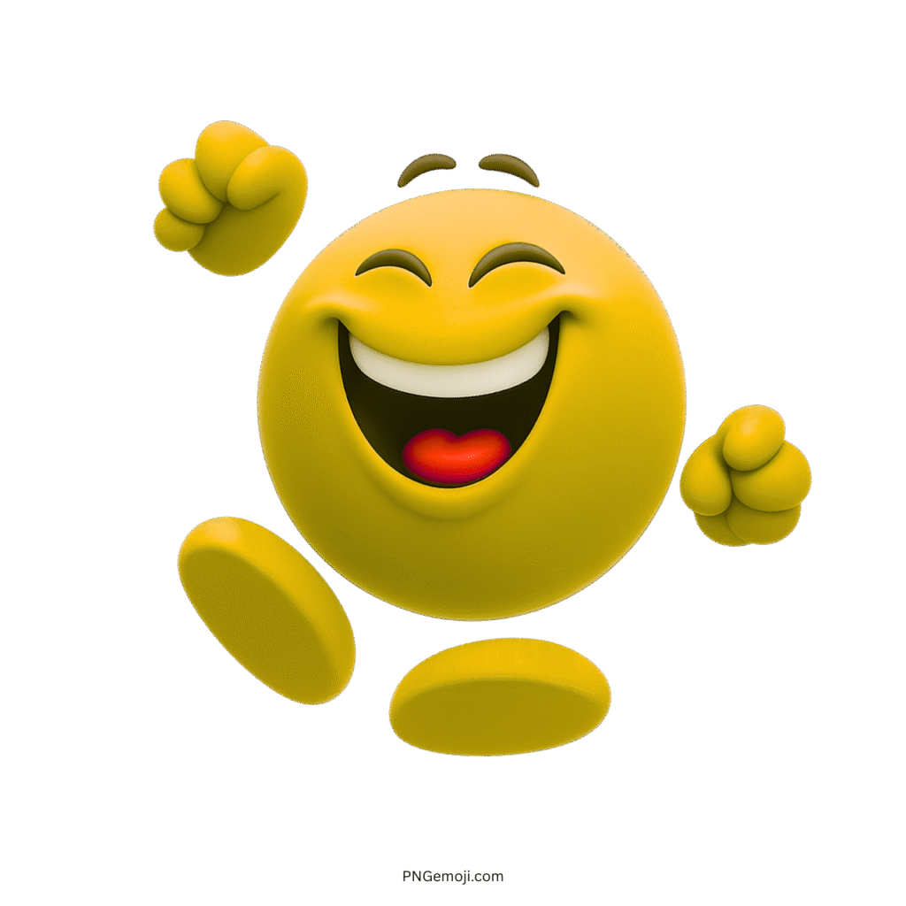 Happy yellow 3D emoji jumping for joy with a big smile and fists raised